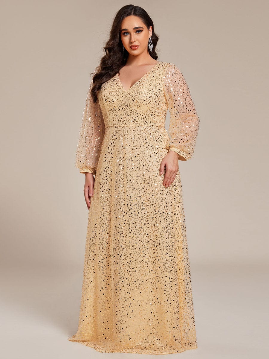 Grande taille Robe de soirée trapèze à paillettes col en V manches longues et paillettes#Couleur_Or