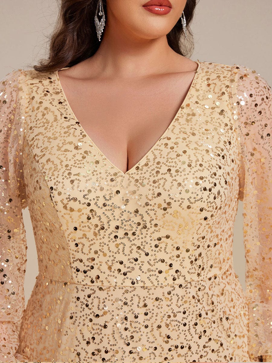 Grande taille Robe de soirée trapèze à paillettes col en V manches longues et paillettes#Couleur_Or