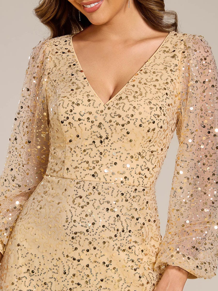 Robe de soirée trapèze à paillettes col en V manches longues et paillettes #Couleur_Or