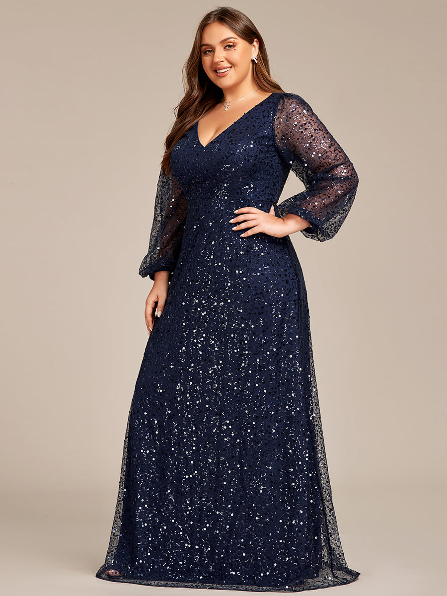 Grande taille Robe de soirée trapèze à paillettes col en V manches longues et paillettes#Couleur_Bleu Marine