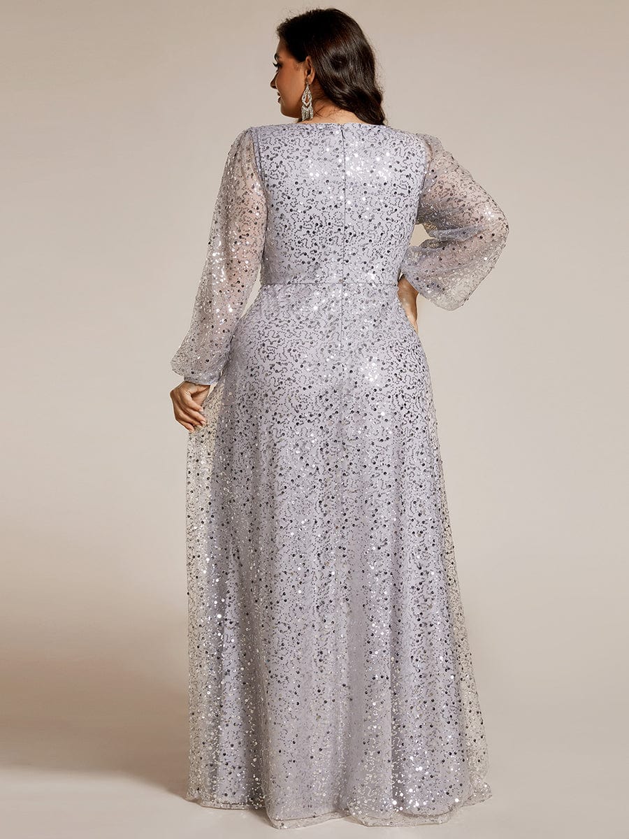 Robe de soirée trapèze à paillettes col en V manches longues et paillettes #Couleur_Argent