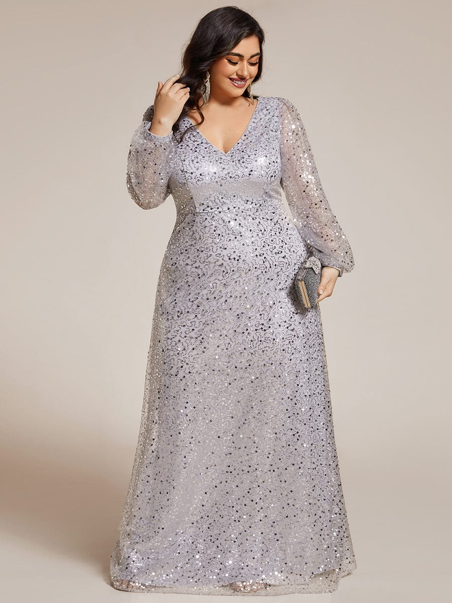 Robe de soirée trapèze à paillettes col en V manches longues et paillettes #Couleur_Argent