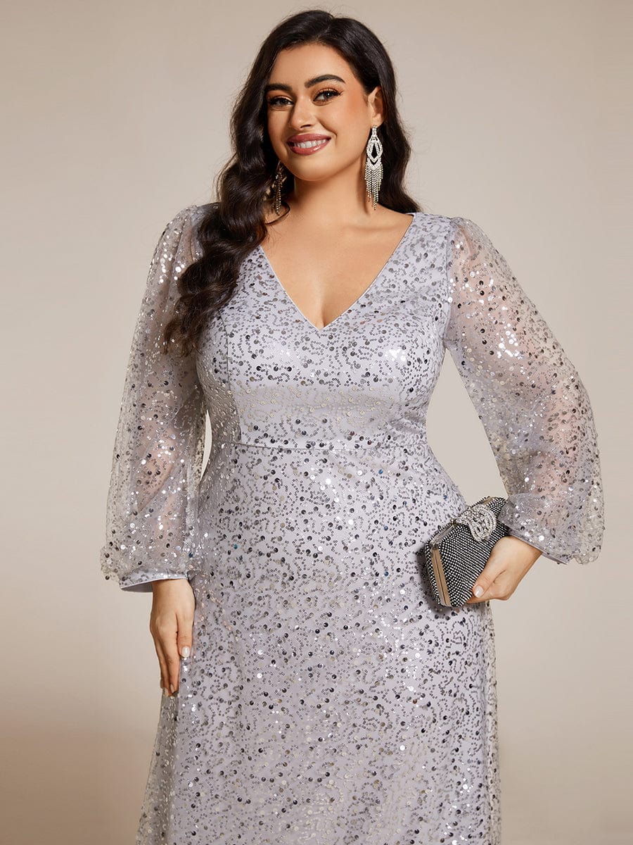 Grande taille Robe de soirée trapèze à paillettes col en V manches longues et paillettes #Couleur_Argent