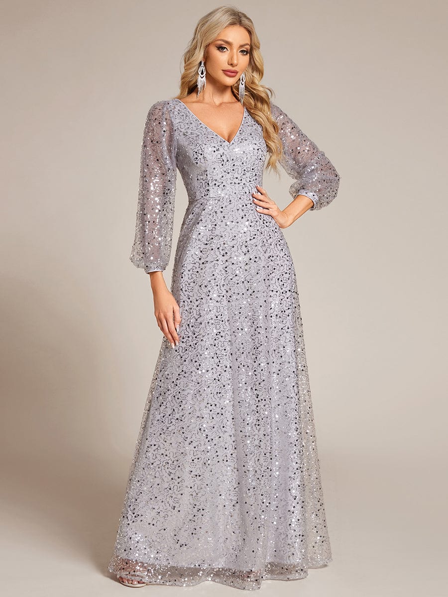 Robe de soirée trapèze à paillettes col en V manches longues et paillettes #Couleur_Argent