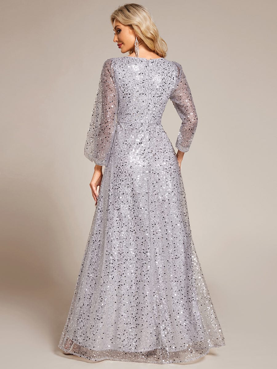 Robe de soirée trapèze à paillettes col en V manches longues et paillettes #Couleur_Argent