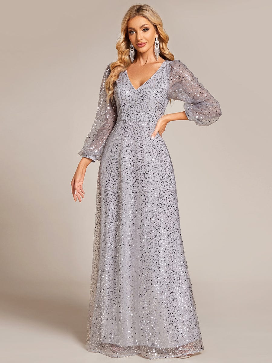 Robe de soirée trapèze à paillettes col en V manches longues et paillettes #Couleur_Argent