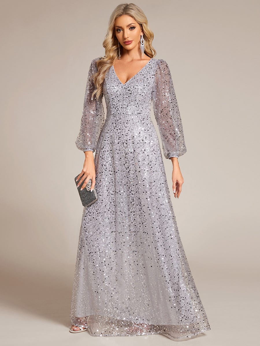 Robe de soirée trapèze à paillettes col en V manches longues et paillettes #Couleur_Argent