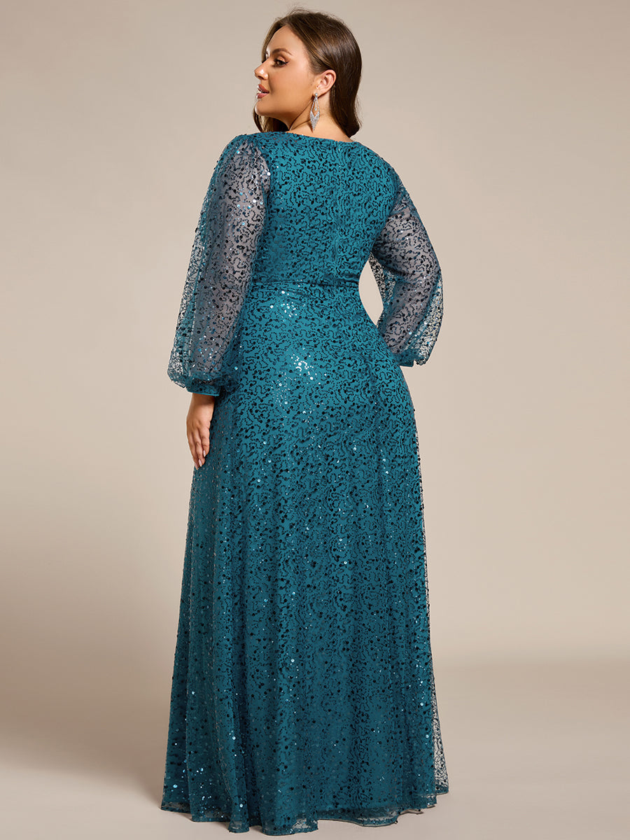 Robe de soirée trapèze à paillettes col en V manches longues et paillettes #Couleur_Bleu Sarcelle