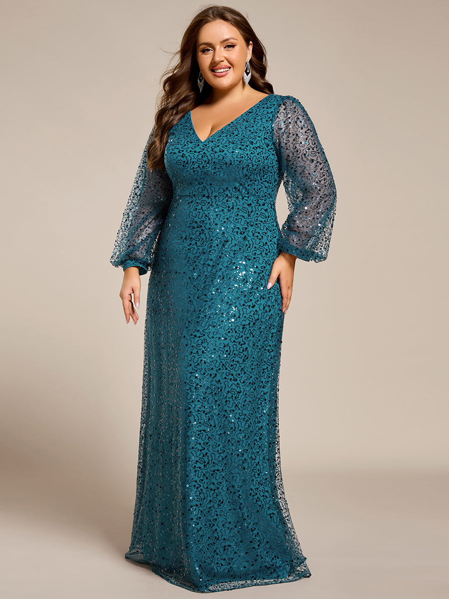 Grande taille Robe de soirée trapèze à paillettes col en V manches longues et paillettes #Couleur_Bleu Sarcelle