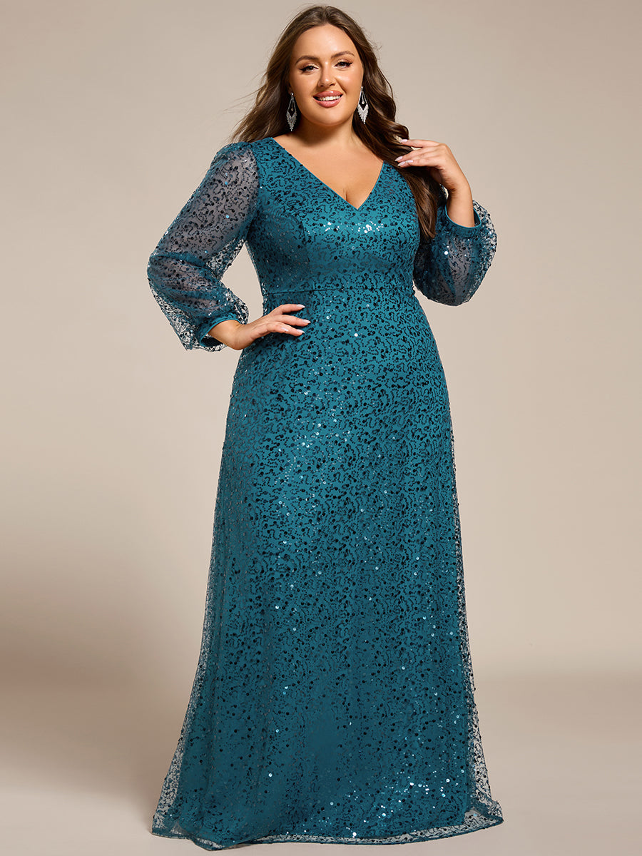 Grande taille Robe de soirée trapèze à paillettes col en V manches longues et paillettes #Couleur_Bleu Sarcelle