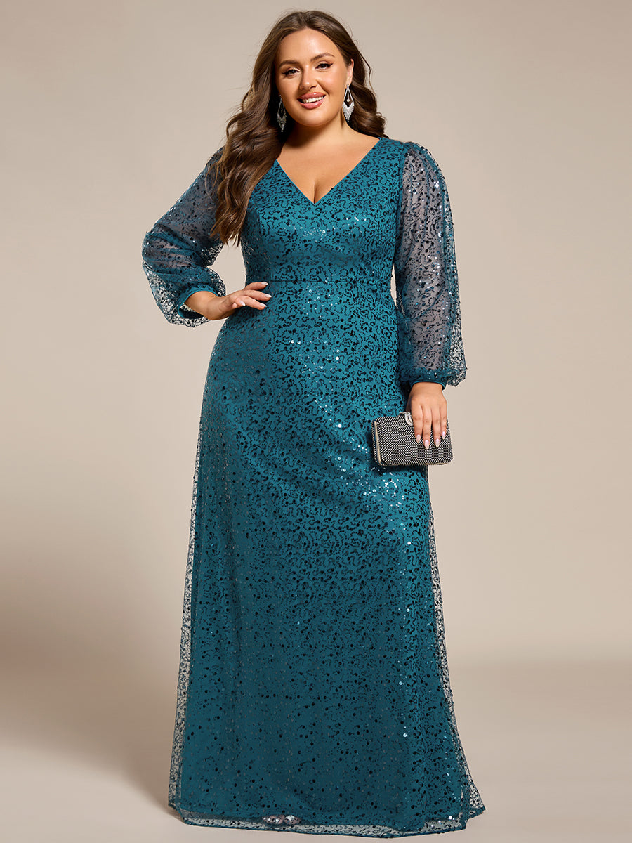 Grande taille Robe de soirée trapèze à paillettes col en V manches longues et paillettes #Couleur_Bleu Sarcelle