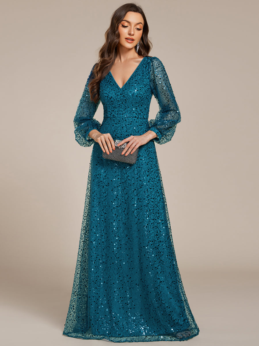 Robe de soirée trapèze à paillettes col en V manches longues et paillettes #Couleur_Bleu Sarcelle