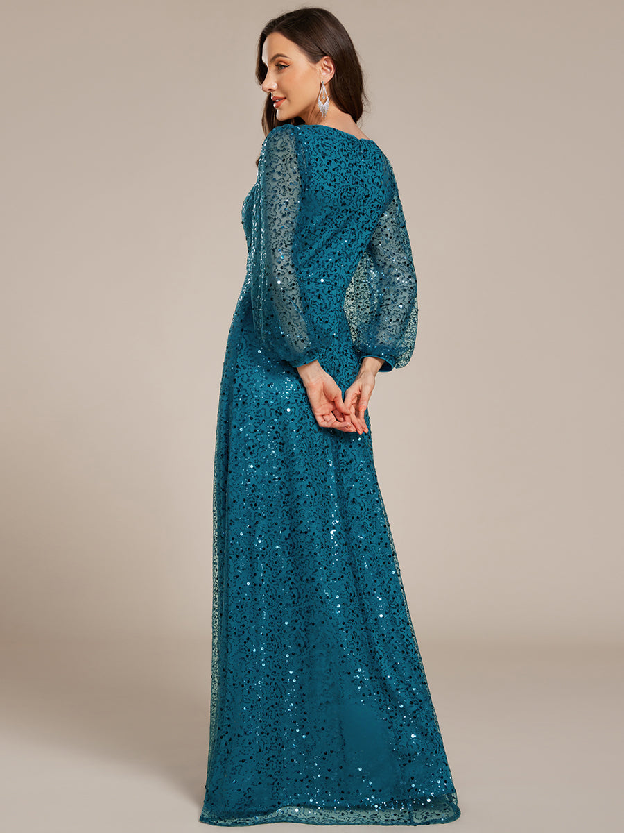 Robe de soirée trapèze à paillettes col en V manches longues et paillettes #Couleur_Bleu Sarcelle