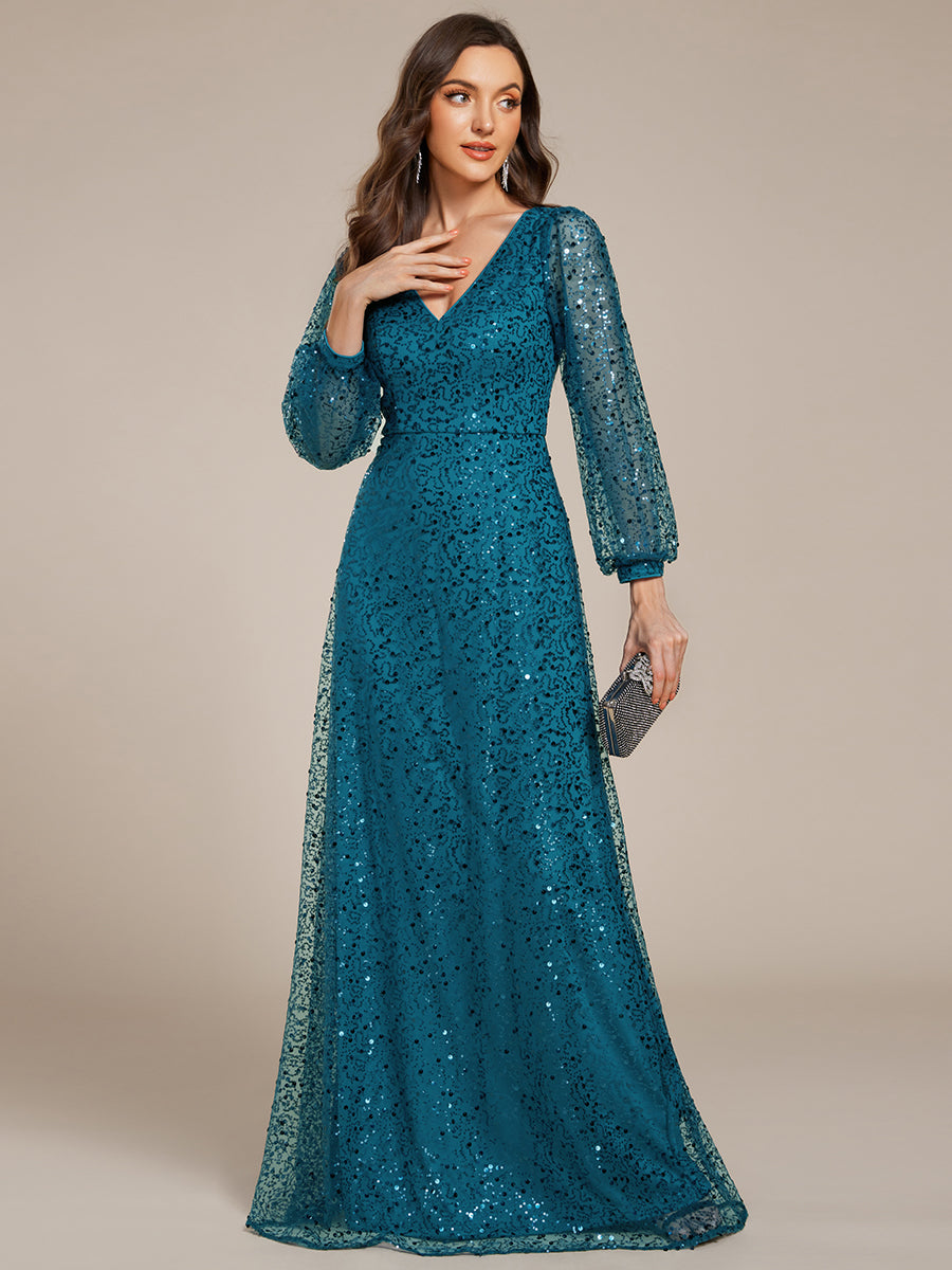 Robe de soirée trapèze à paillettes col en V manches longues et paillettes #Couleur_Bleu Sarcelle