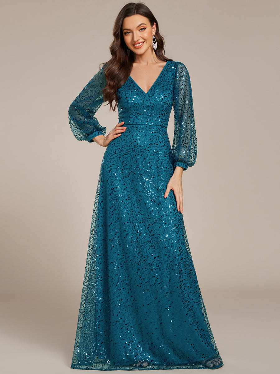 Robe de soirée trapèze à paillettes col en V manches longues et paillettes #Couleur_Bleu Sarcelle