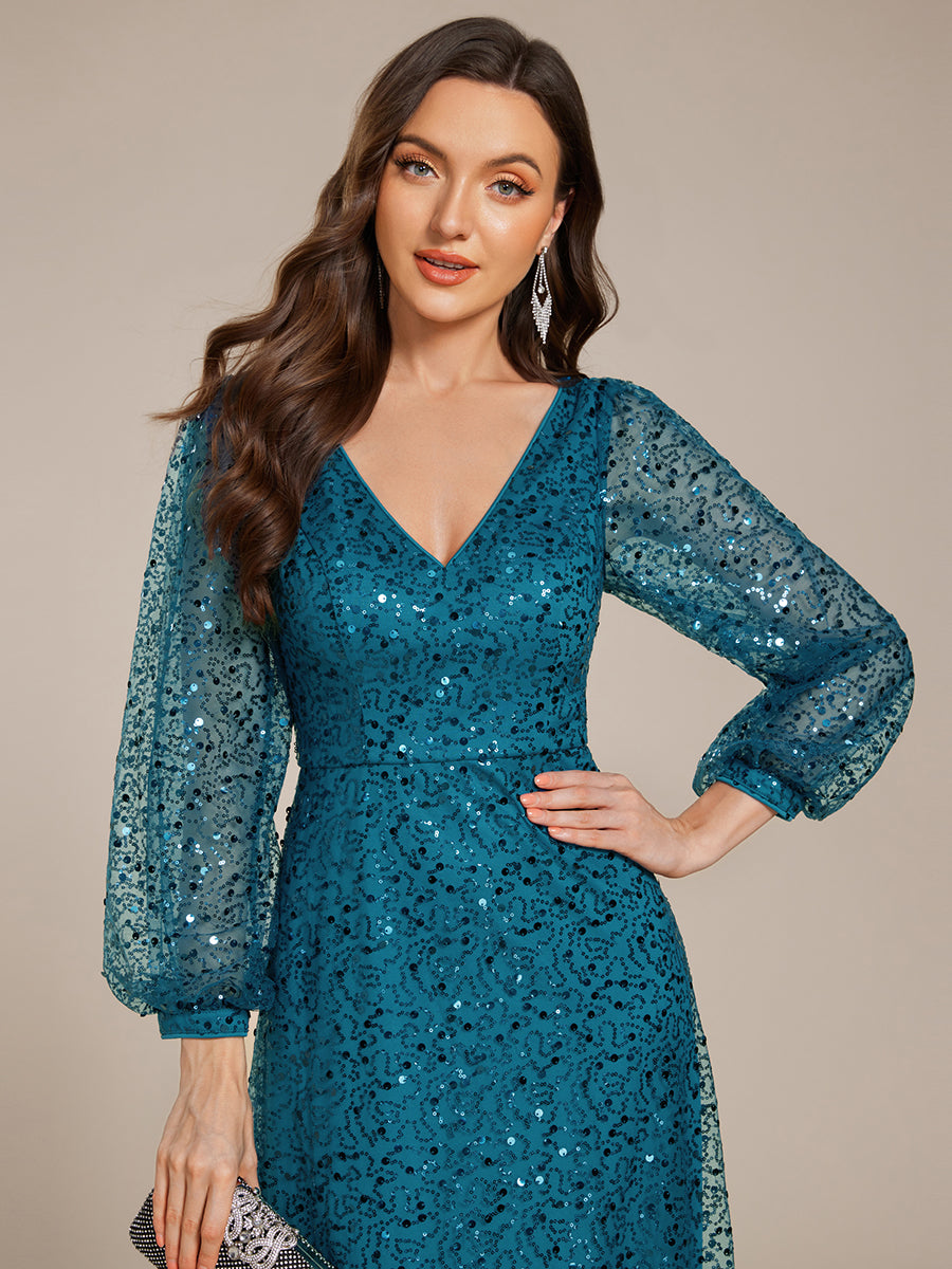 Robe de soirée trapèze à paillettes col en V manches longues et paillettes #Couleur_Bleu Sarcelle