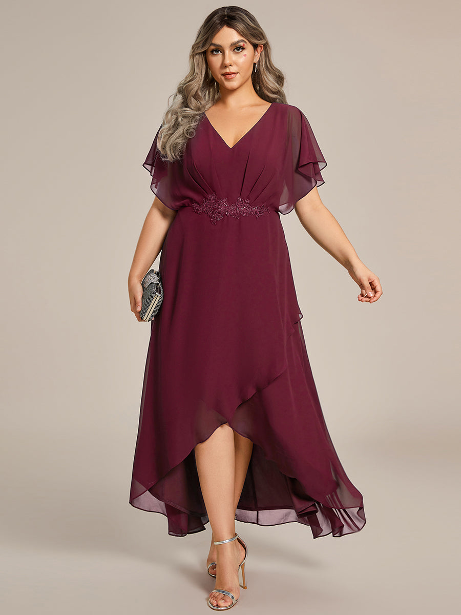 Robe Formelle élégante à Manches Courtes Et Taille Trapèze Avec Ourlet En Feuille De Lotus #Couleur_Bordeaux