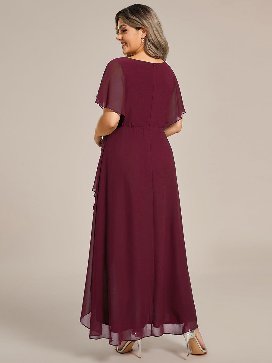 Robe Formelle élégante à Manches Courtes Et Taille Trapèze Avec Ourlet En Feuille De Lotus #Couleur_Bordeaux