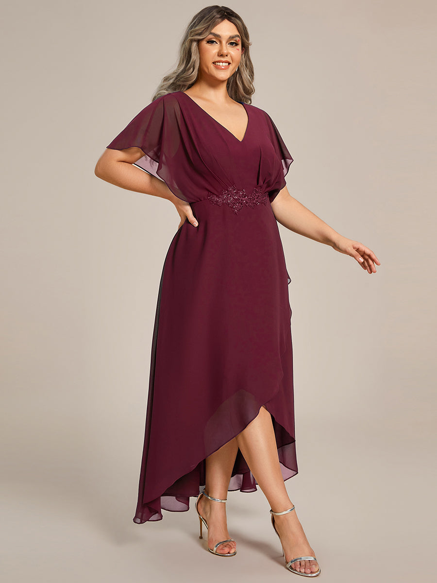 Robe De Soirée En Mousseline De Soie Col En V Manches Chauve-Souris Taille Trapèze Grande Taille #Couleur_Bordeaux