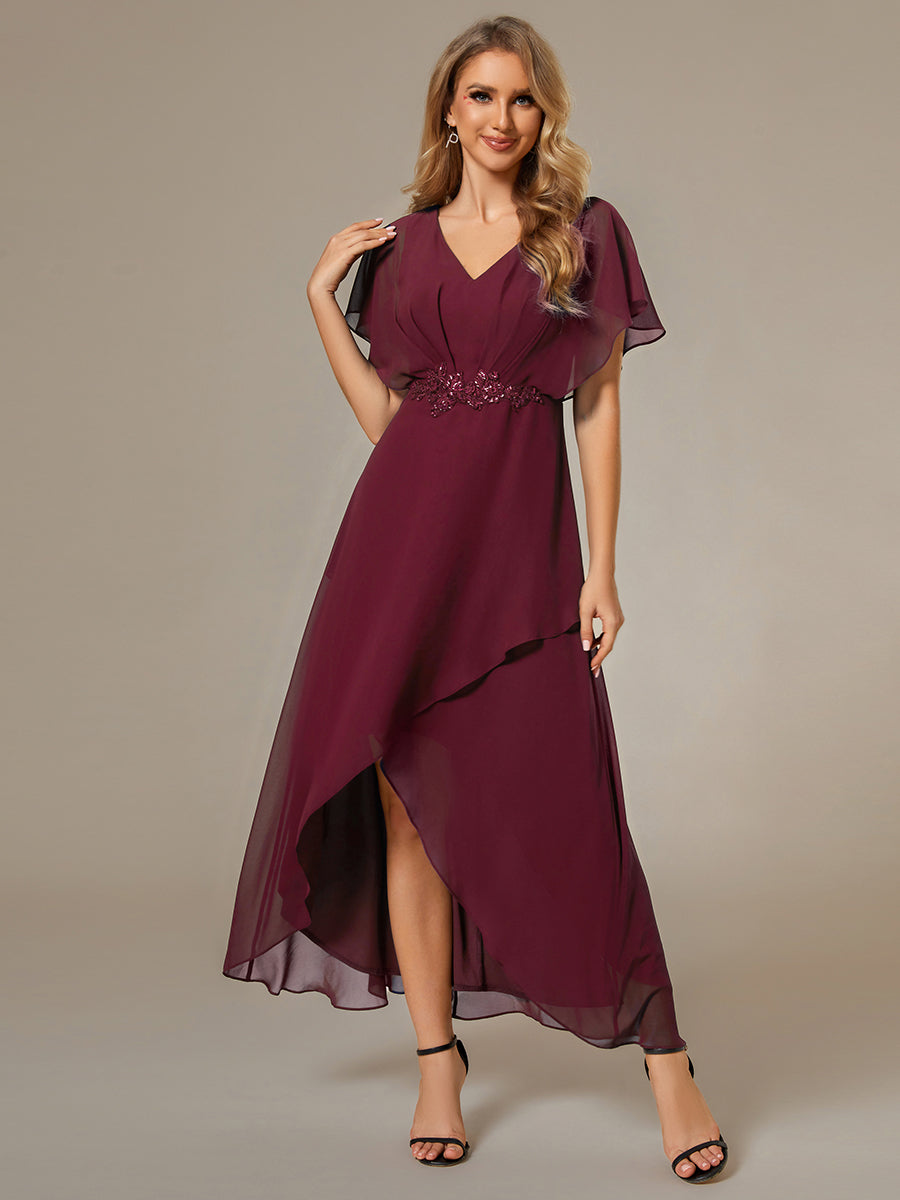 Robe Formelle élégante à Manches Courtes Et Taille Trapèze Avec Ourlet En Feuille De Lotus #Couleur_Bordeaux