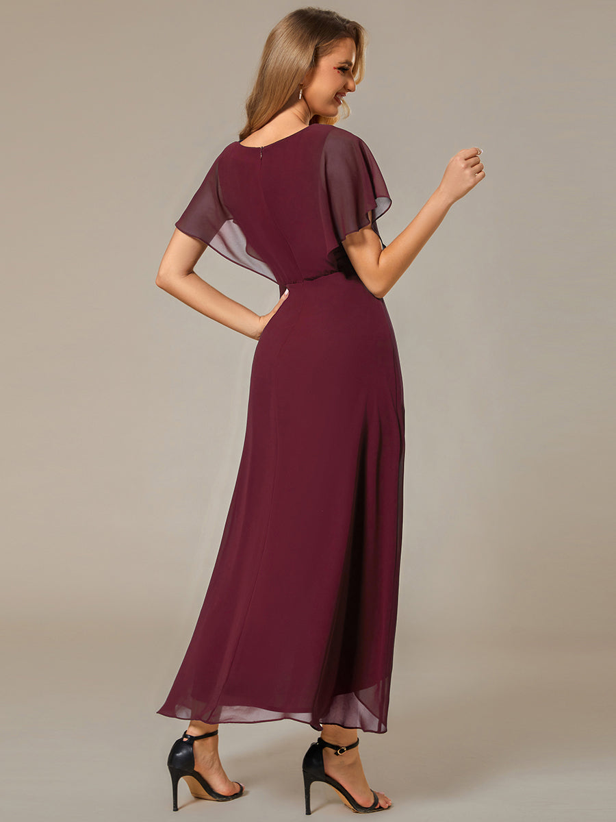 Robe Formelle élégante à Manches Courtes Et Taille Trapèze Avec Ourlet En Feuille De Lotus #Couleur_Bordeaux