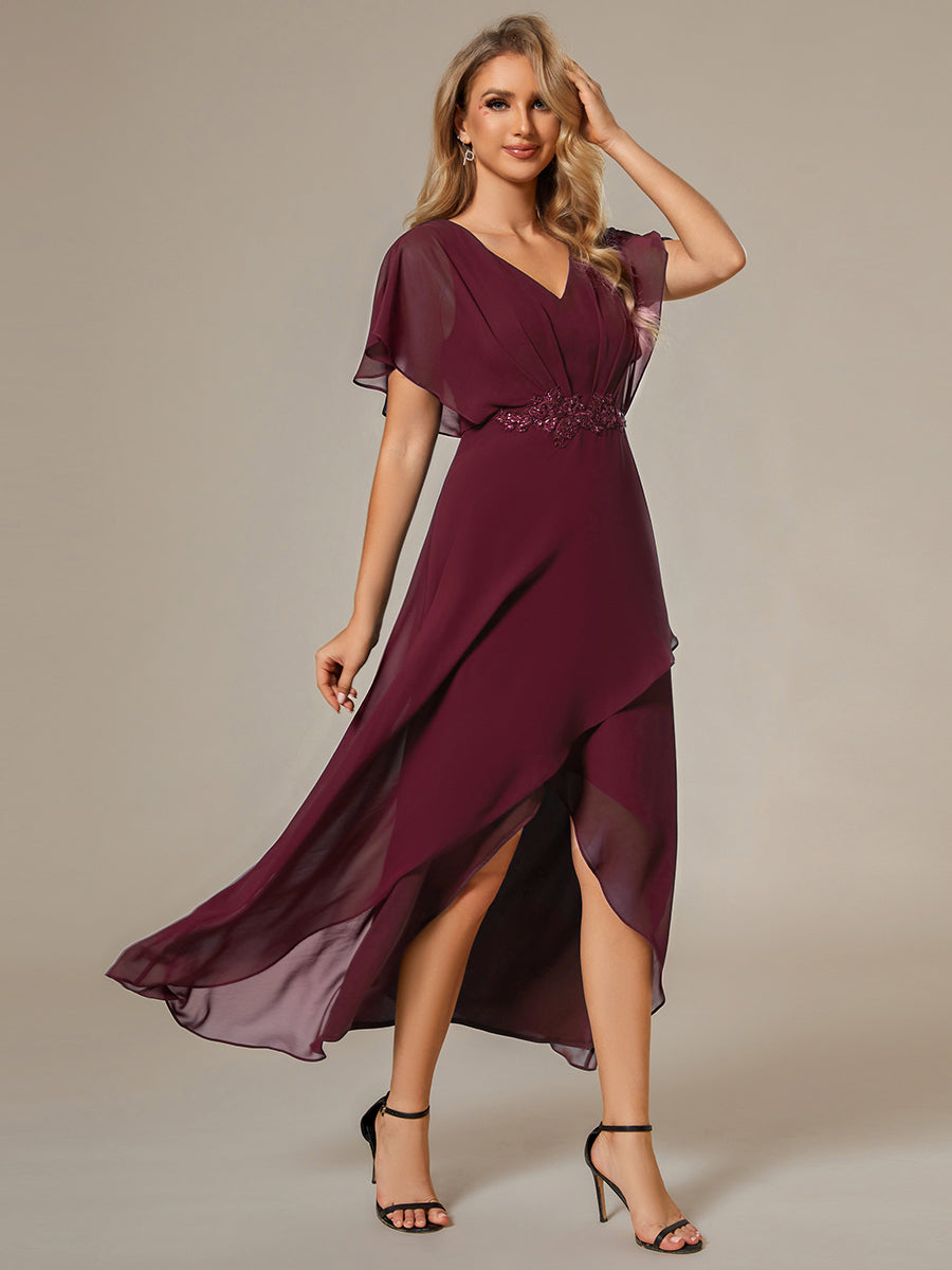 Robe Formelle élégante à Manches Courtes Et Taille Trapèze Avec Ourlet En Feuille De Lotus #Couleur_Bordeaux