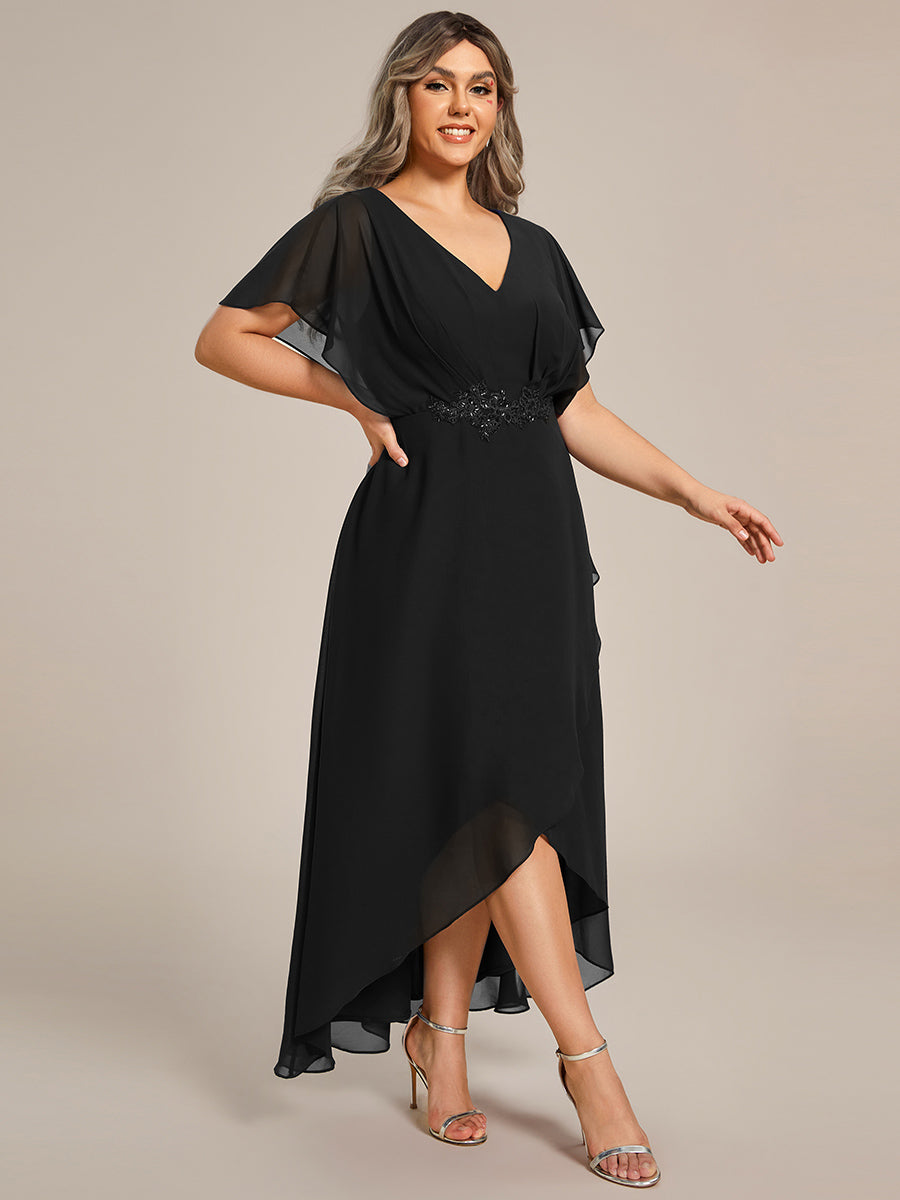 Robe De Soirée En Mousseline De Soie Col En V Manches Chauve-Souris Taille Trapèze Grande Taille #Couleur_Noir