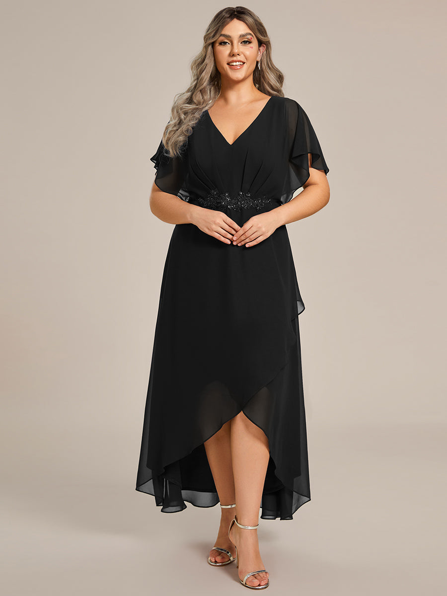 Robe De Soirée En Mousseline De Soie Col En V Manches Chauve-Souris Taille Trapèze Grande Taille #Couleur_Noir