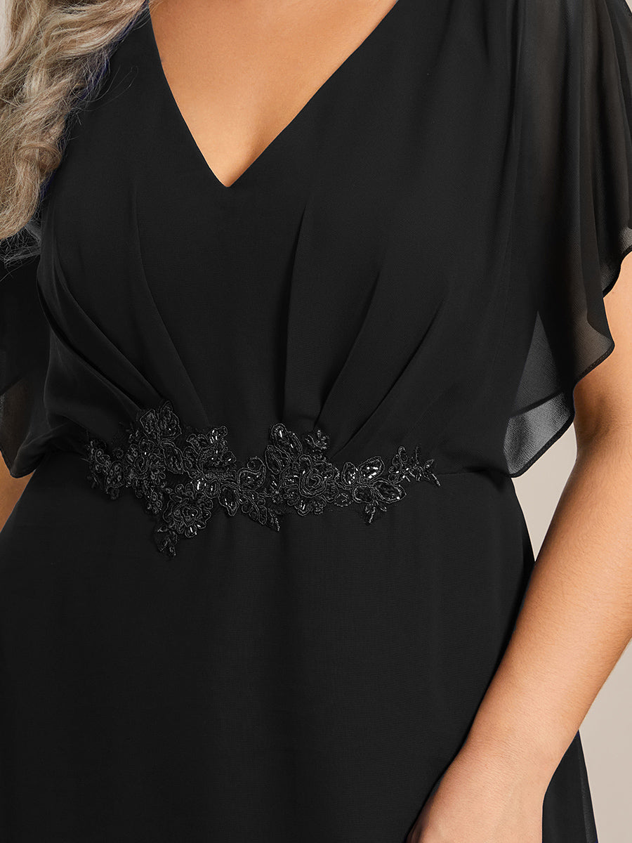 Robe De Soirée En Mousseline De Soie Col En V Manches Chauve-Souris Taille Trapèze Grande Taille #Couleur_Noir