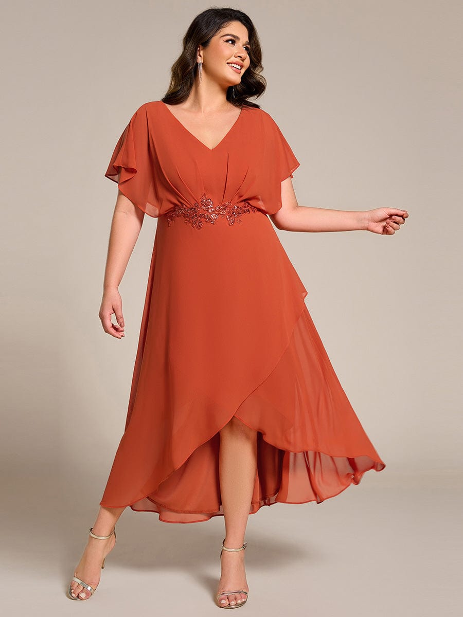 Robe Formelle élégante à Manches Courtes Et Taille Trapèze Avec Ourlet En Feuille De Lotus #Couleur_Orange Br?lée