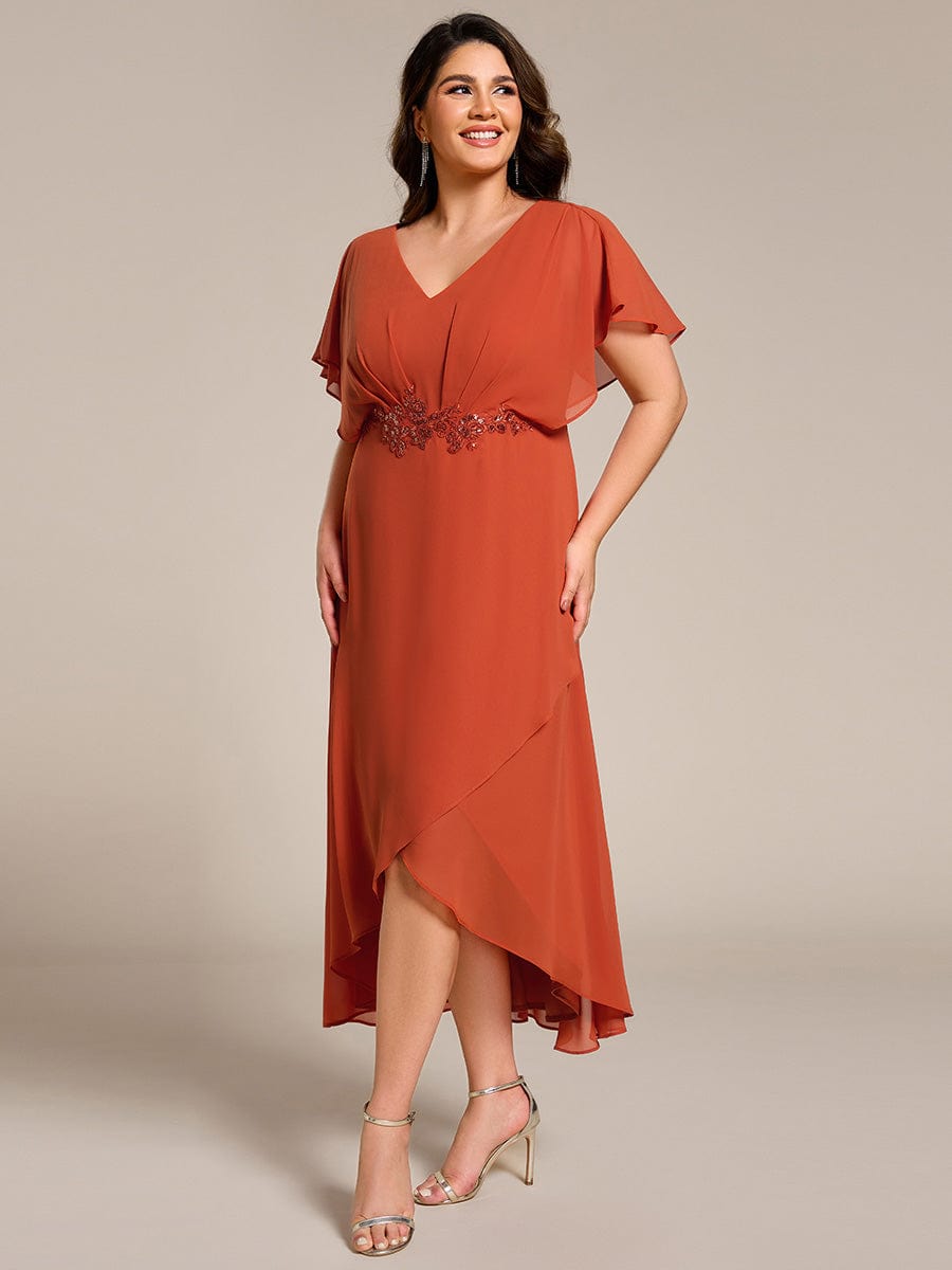 Robe Formelle élégante à Manches Courtes Et Taille Trapèze Avec Ourlet En Feuille De Lotus #Couleur_Orange Br?lée