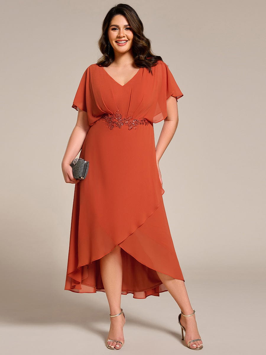 Robe Formelle élégante à Manches Courtes Et Taille Trapèze Avec Ourlet En Feuille De Lotus #Couleur_Orange Brûlée