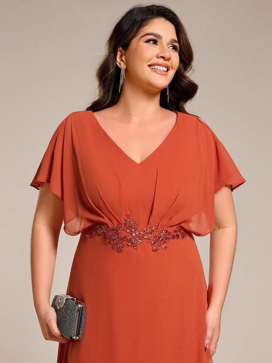 Robe Formelle élégante à Manches Courtes Et Taille Trapèze Avec Ourlet En Feuille De Lotus #Couleur_Orange Br?lée