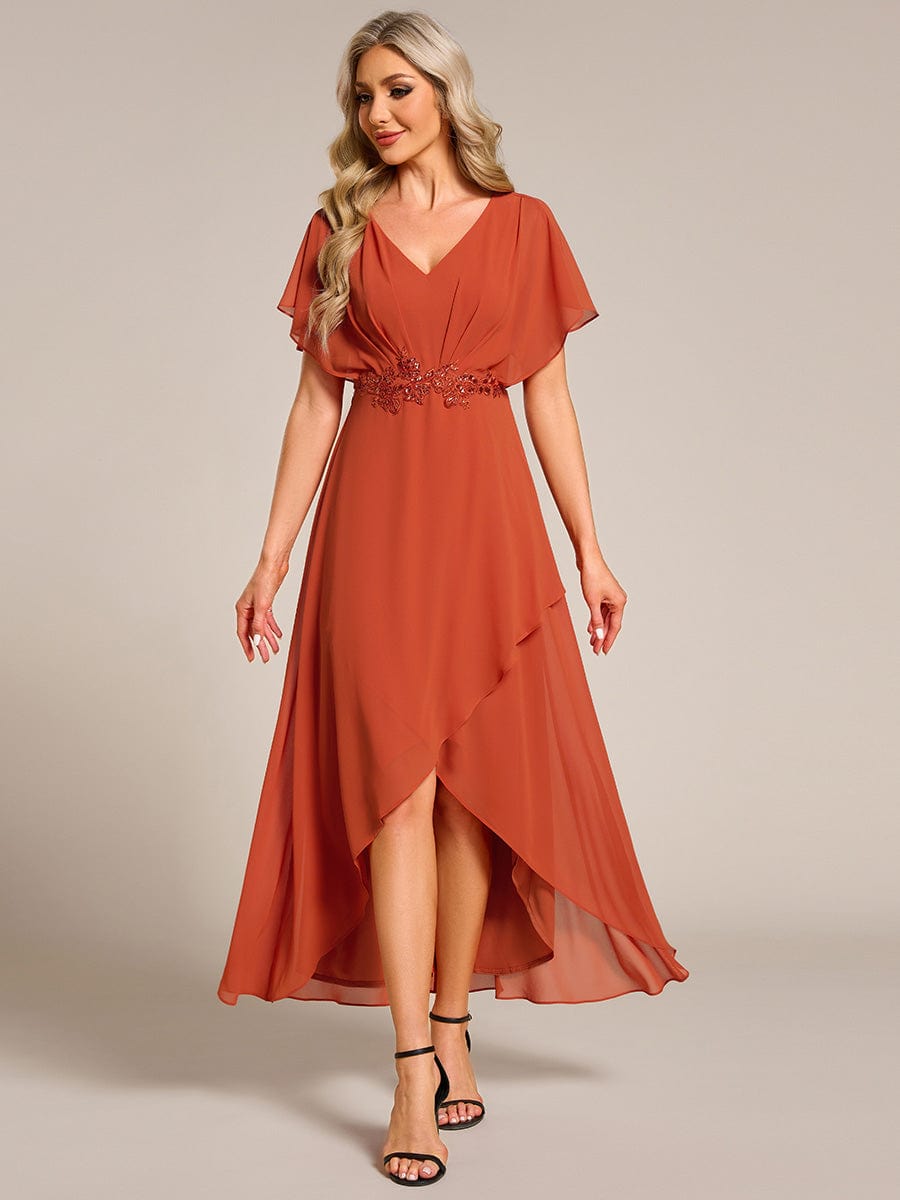 Robe Formelle élégante à Manches Courtes Et Taille Trapèze Avec Ourlet En Feuille De Lotus #Couleur_Orange Br?lée