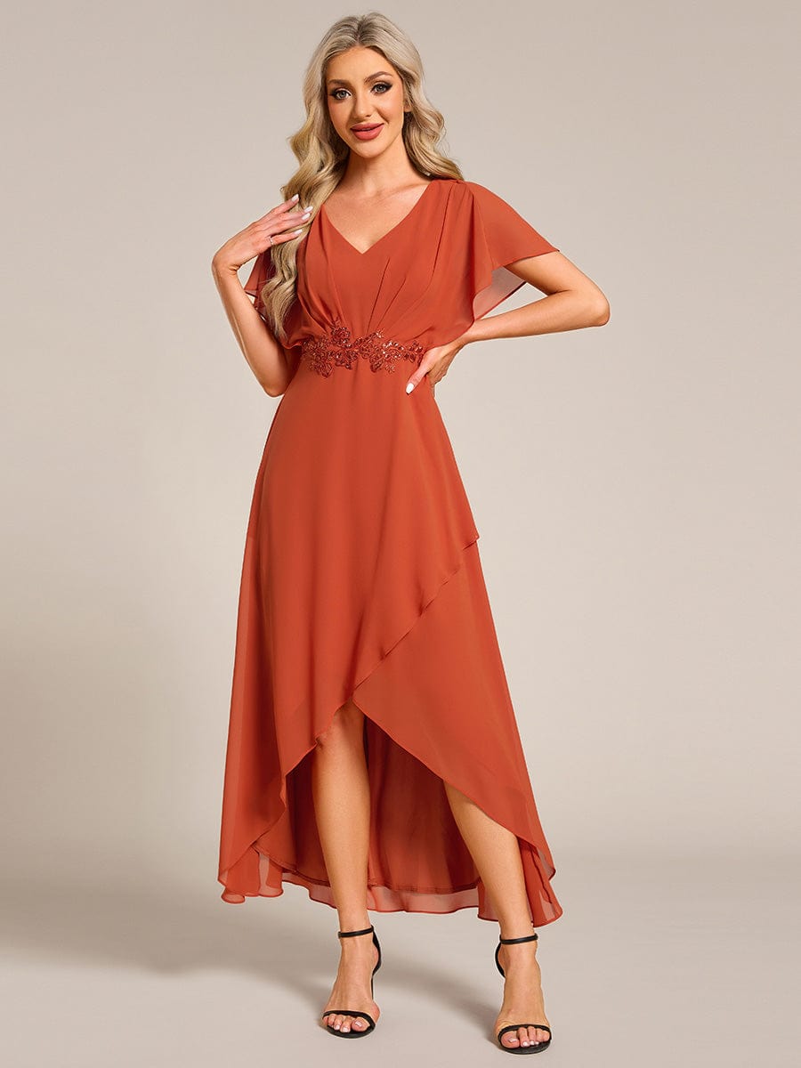 Robe Formelle élégante à Manches Courtes Et Taille Trapèze Avec Ourlet En Feuille De Lotus #Couleur_Orange Br?lée