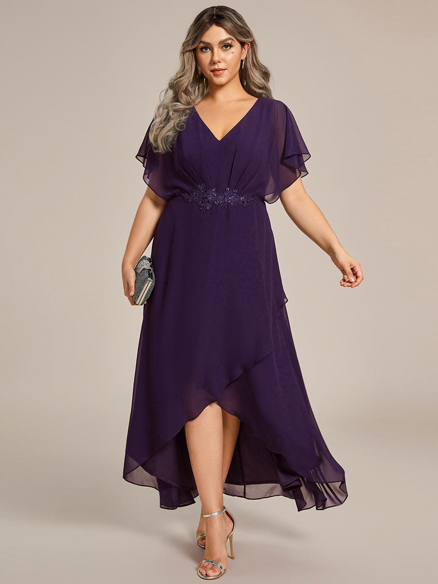 Robe Formelle élégante à Manches Courtes Et Taille Trapèze Avec Ourlet En Feuille De Lotus #Couleur_Violet Fonce