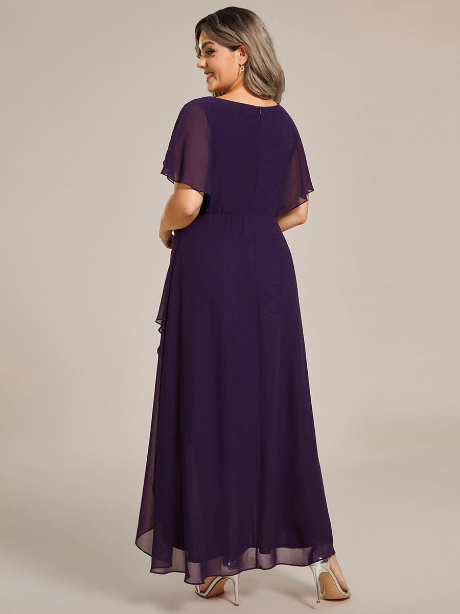 Robe Formelle élégante à Manches Courtes Et Taille Trapèze Avec Ourlet En Feuille De Lotus #Couleur_Violet Fonce