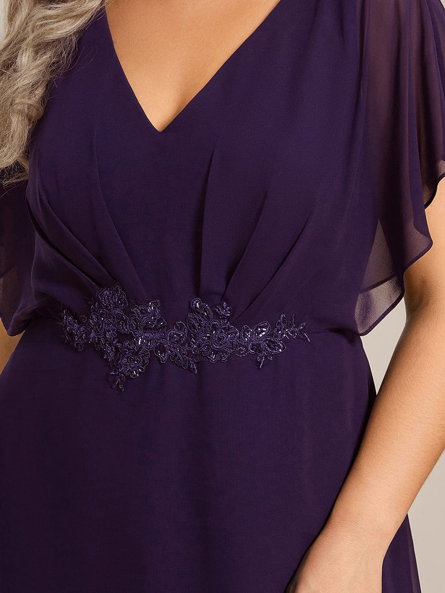 Robe Formelle élégante à Manches Courtes Et Taille Trapèze Avec Ourlet En Feuille De Lotus #Couleur_Violet Fonce