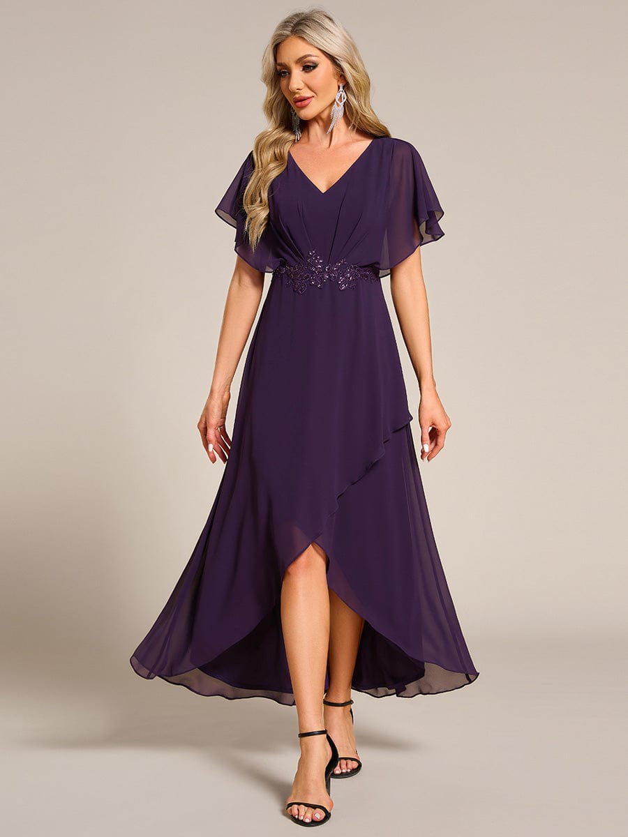 Robe Formelle élégante à Manches Courtes Et Taille Trapèze Avec Ourlet En Feuille De Lotus #Couleur_Violet Fonce