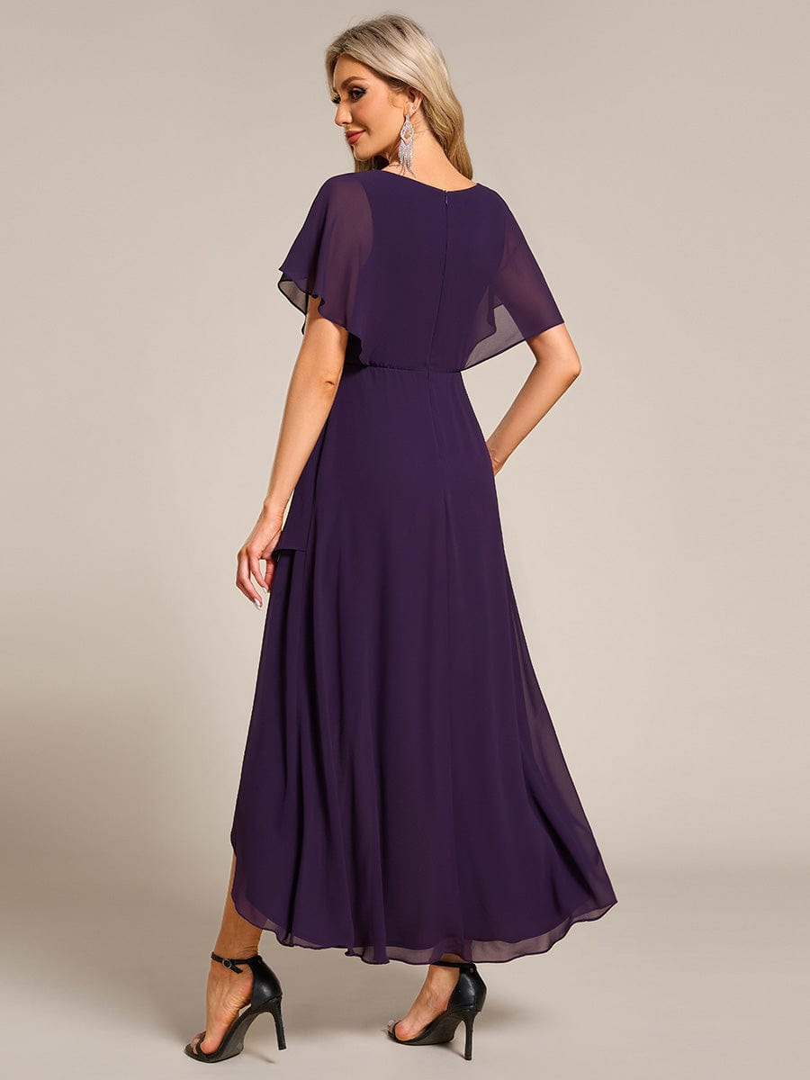 Robe Formelle élégante à Manches Courtes Et Taille Trapèze Avec Ourlet En Feuille De Lotus #Couleur_Violet Fonce