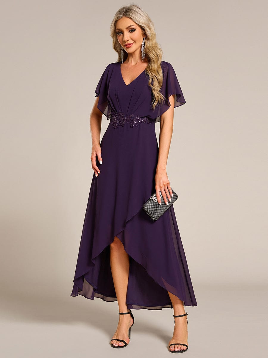 Robe Formelle élégante à Manches Courtes Et Taille Trapèze Avec Ourlet En Feuille De Lotus #Couleur_Violet Fonce