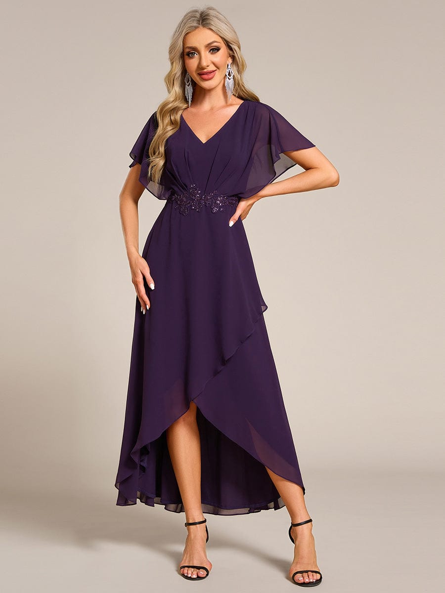 Robe Formelle élégante à Manches Courtes Et Taille Trapèze Avec Ourlet En Feuille De Lotus #Couleur_Violet Fonce