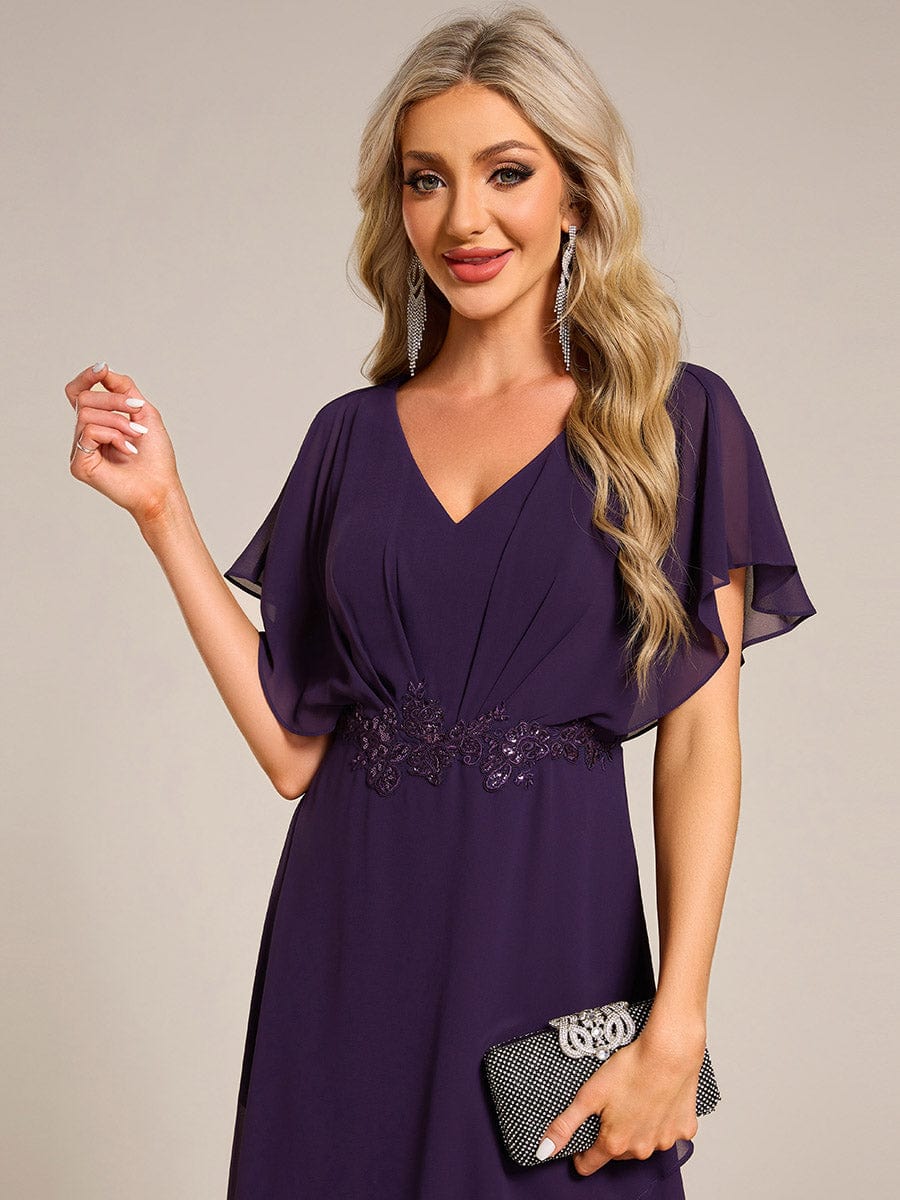 Robe Formelle élégante à Manches Courtes Et Taille Trapèze Avec Ourlet En Feuille De Lotus #Couleur_Violet Fonce