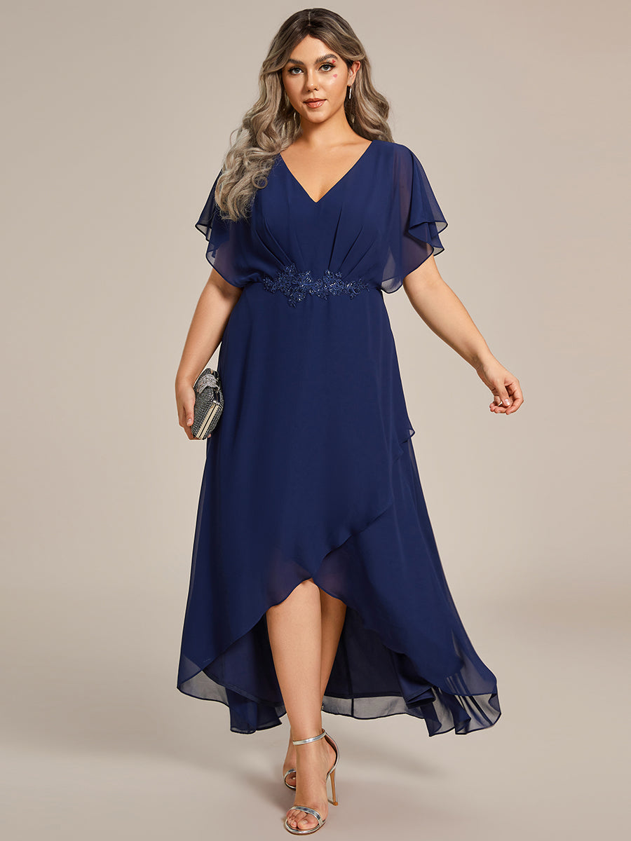 Robe De Soirée En Mousseline De Soie Col En V Manches Chauve-Souris Taille Trapèze Grande Taille #Couleur_Bleu Marine