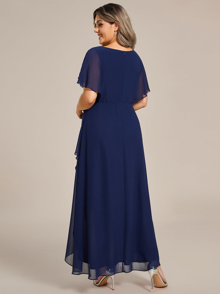 Robe De Soirée En Mousseline De Soie Col En V Manches Chauve-Souris Taille Trapèze Grande Taille #Couleur_Bleu Marine