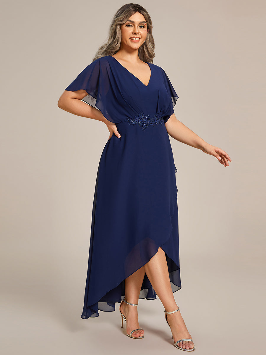 Robe De Soirée En Mousseline De Soie Col En V Manches Chauve-Souris Taille Trapèze Grande Taille #Couleur_Bleu Marine