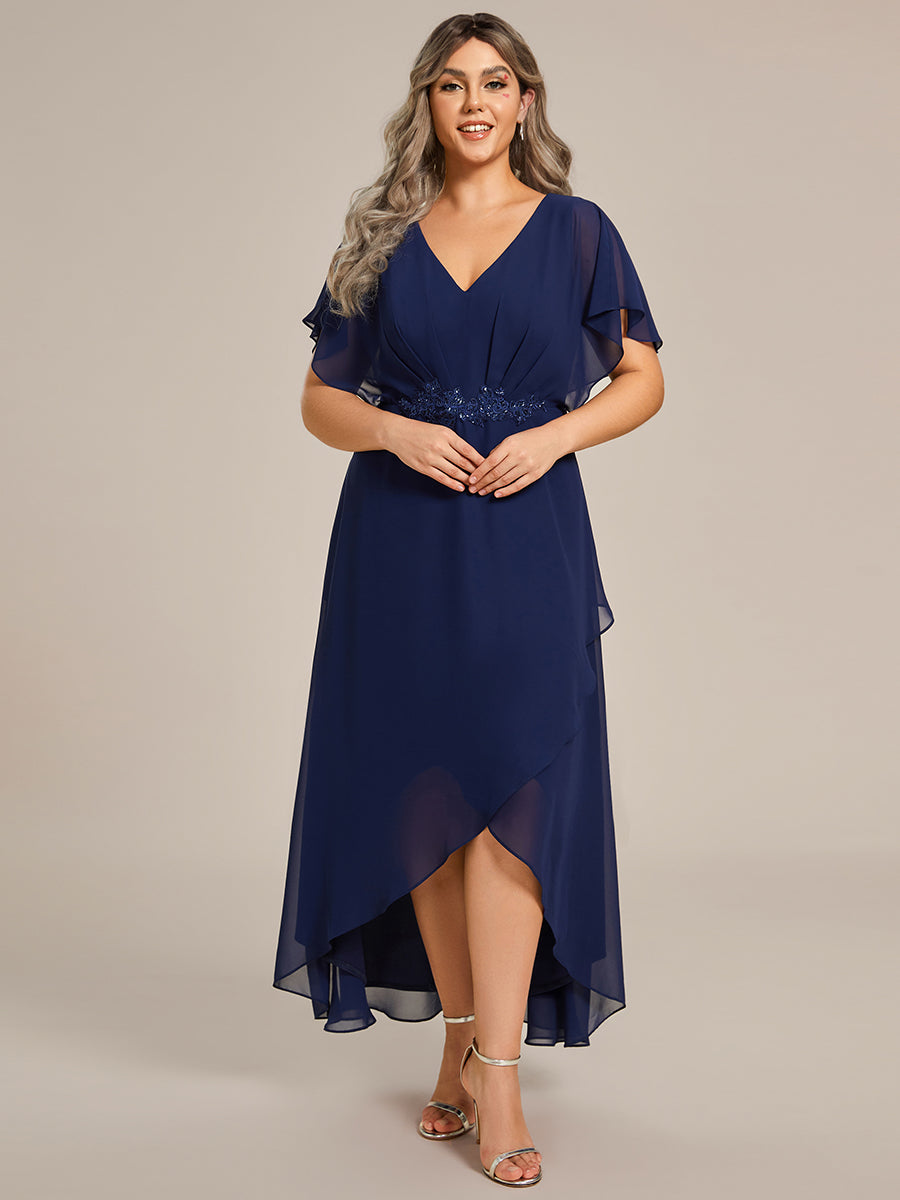 Robe De Soirée En Mousseline De Soie Col En V Manches Chauve-Souris Taille Trapèze Grande Taille #Couleur_Bleu Marine