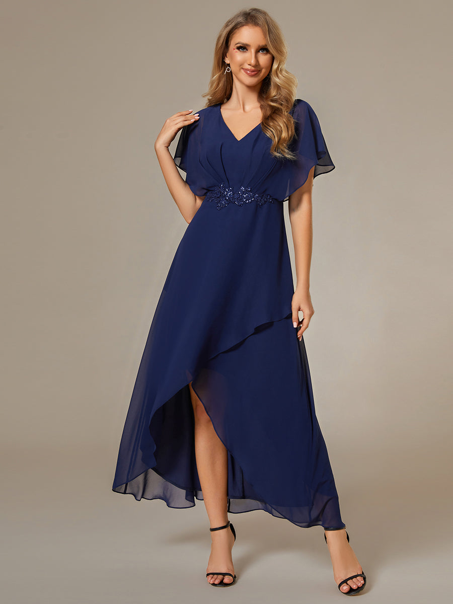 Robe Formelle élégante à Manches Courtes Et Taille Trapèze Avec Ourlet En Feuille De Lotus #Couleur_Bleu Marine