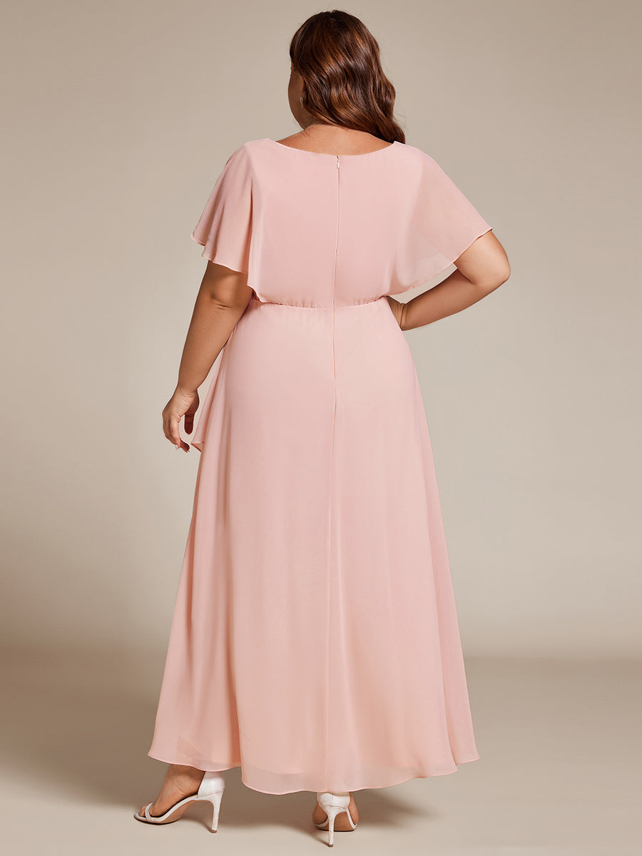 Robe De Soirée En Mousseline De Soie Col En V Manches Chauve-Souris Taille Trapèze Grande Taille #Couleur_Rose