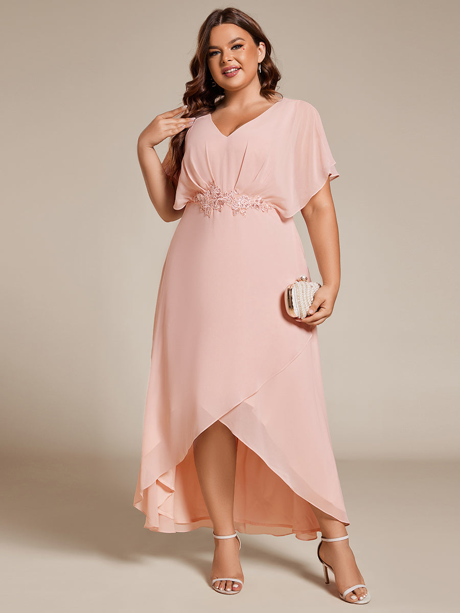 Robe De Soirée En Mousseline De Soie Col En V Manches Chauve-Souris Taille Trapèze Grande Taille #Couleur_Rose